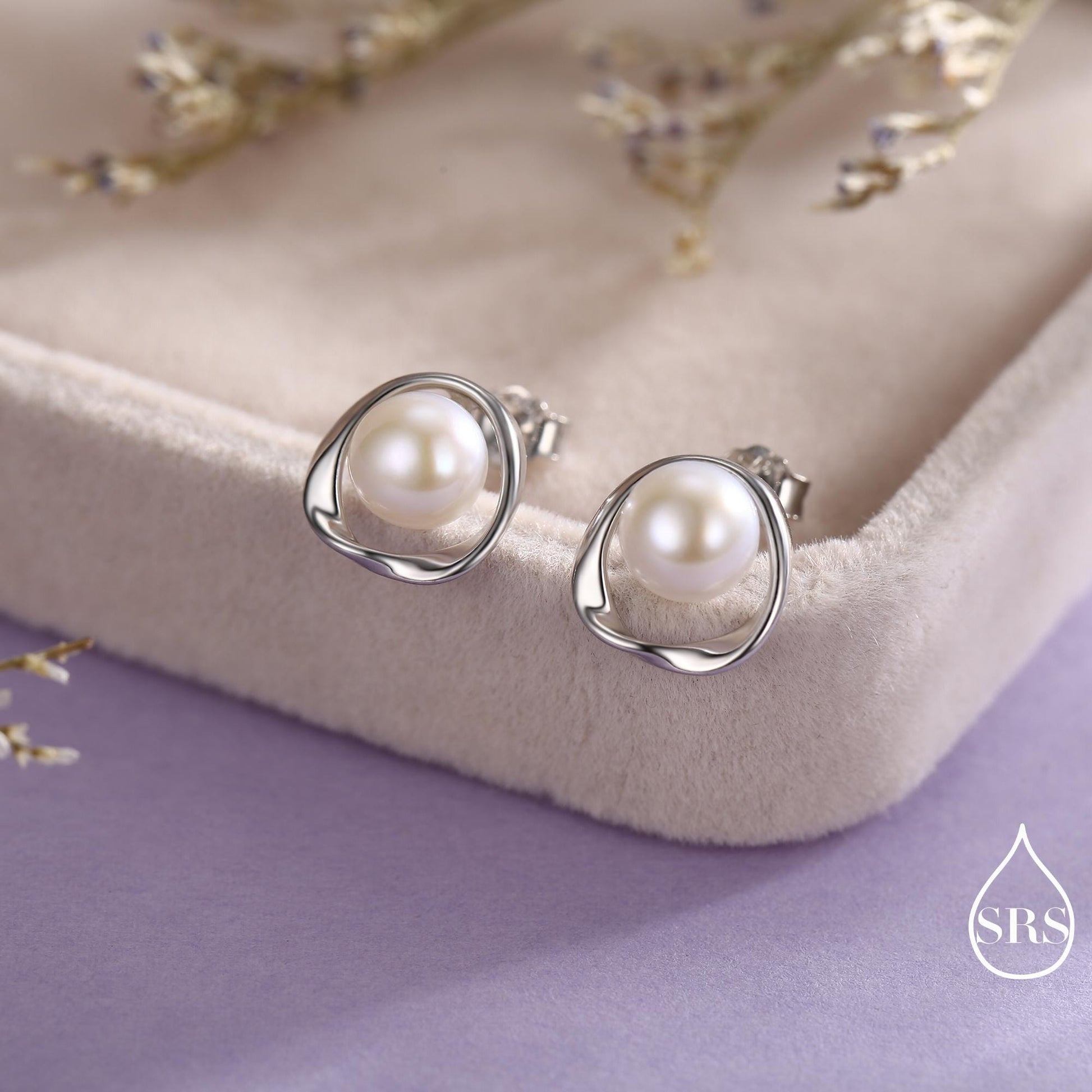 Genuine Freshwater Pearl and Mobius Circle Stud Earrings in Sterling Silver, Delicate Keshi Pearl Halo Earrings, Genuine Freshwater Pearls