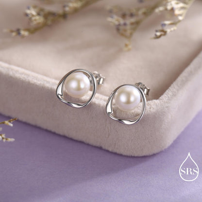Genuine Freshwater Pearl and Mobius Circle Stud Earrings in Sterling Silver, Delicate Keshi Pearl Halo Earrings, Genuine Freshwater Pearls