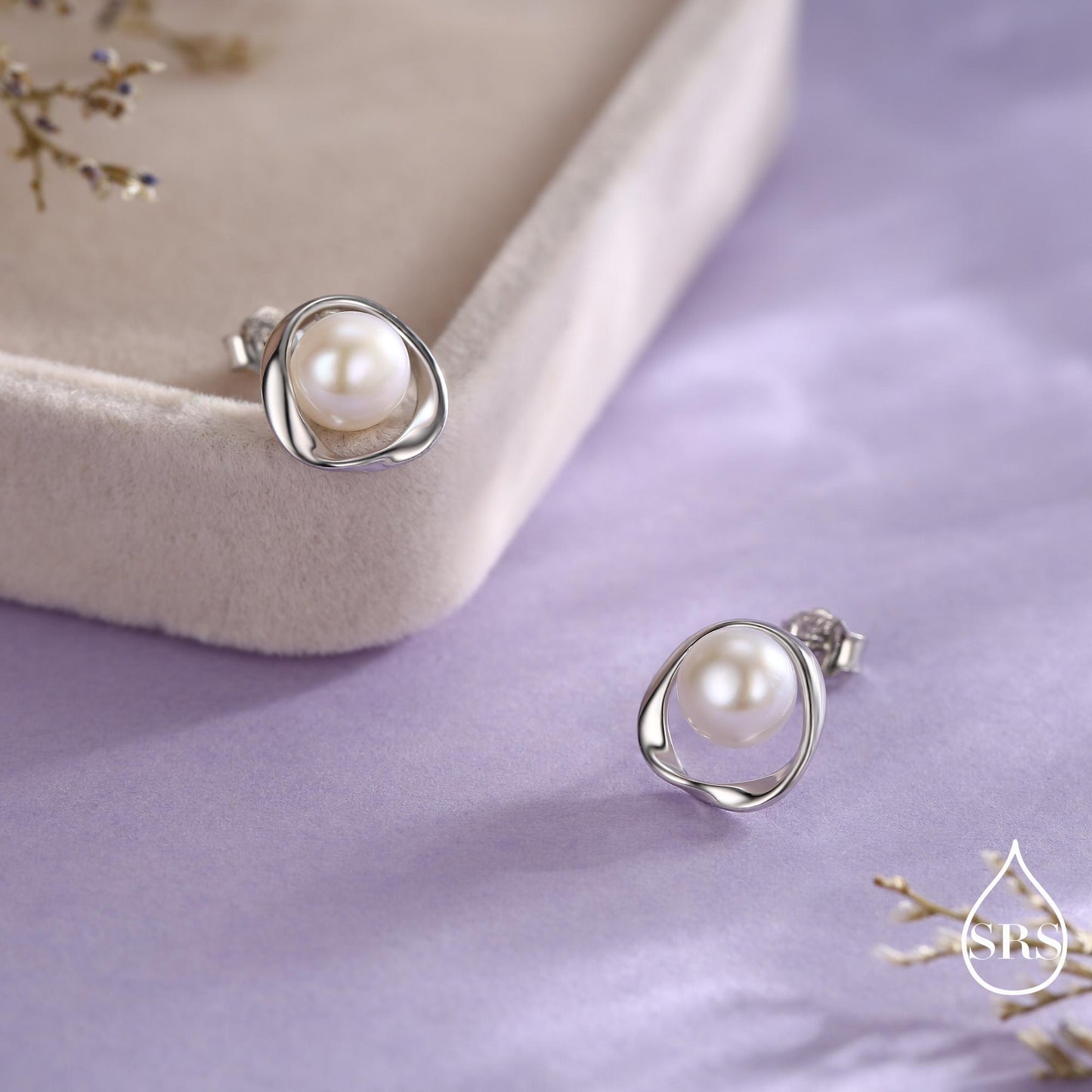 Genuine Freshwater Pearl and Mobius Circle Stud Earrings in Sterling Silver, Delicate Keshi Pearl Halo Earrings, Genuine Freshwater Pearls