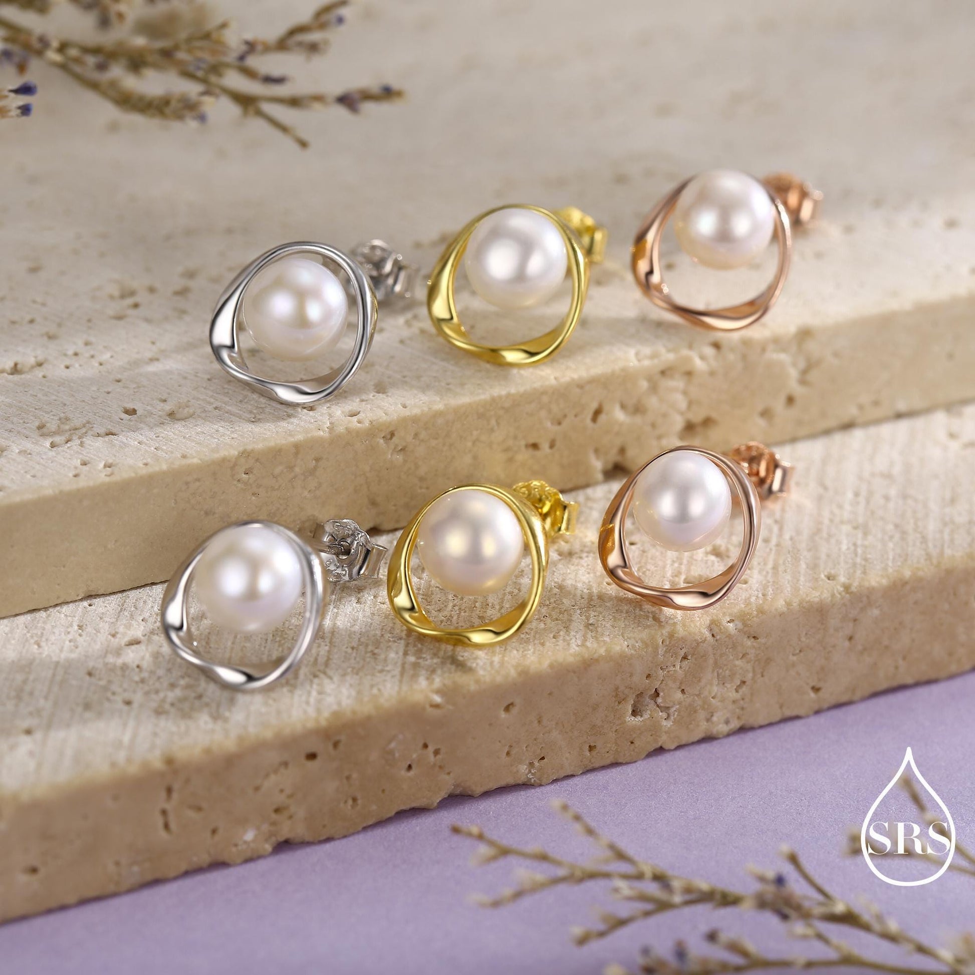 Genuine Freshwater Pearl and Mobius Circle Stud Earrings in Sterling Silver, Delicate Keshi Pearl Halo Earrings, Genuine Freshwater Pearls