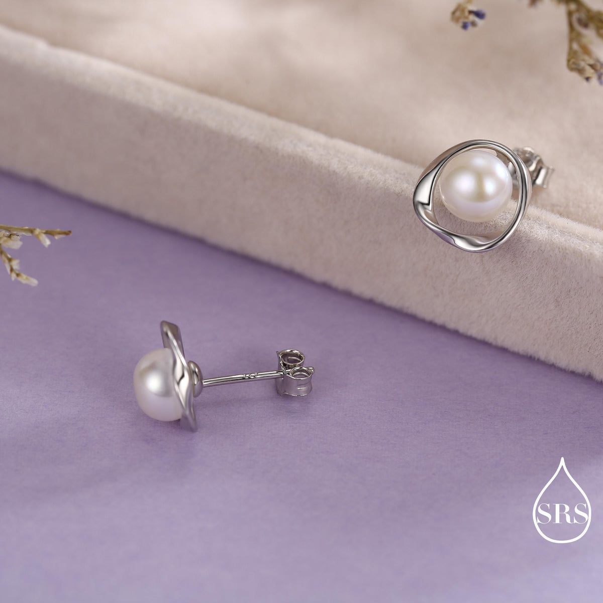 Genuine Freshwater Pearl and Mobius Circle Stud Earrings in Sterling Silver, Delicate Keshi Pearl Halo Earrings, Genuine Freshwater Pearls