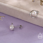 Genuine Freshwater Pearl and Mobius Circle Stud Earrings in Sterling Silver, Delicate Keshi Pearl Halo Earrings, Genuine Freshwater Pearls