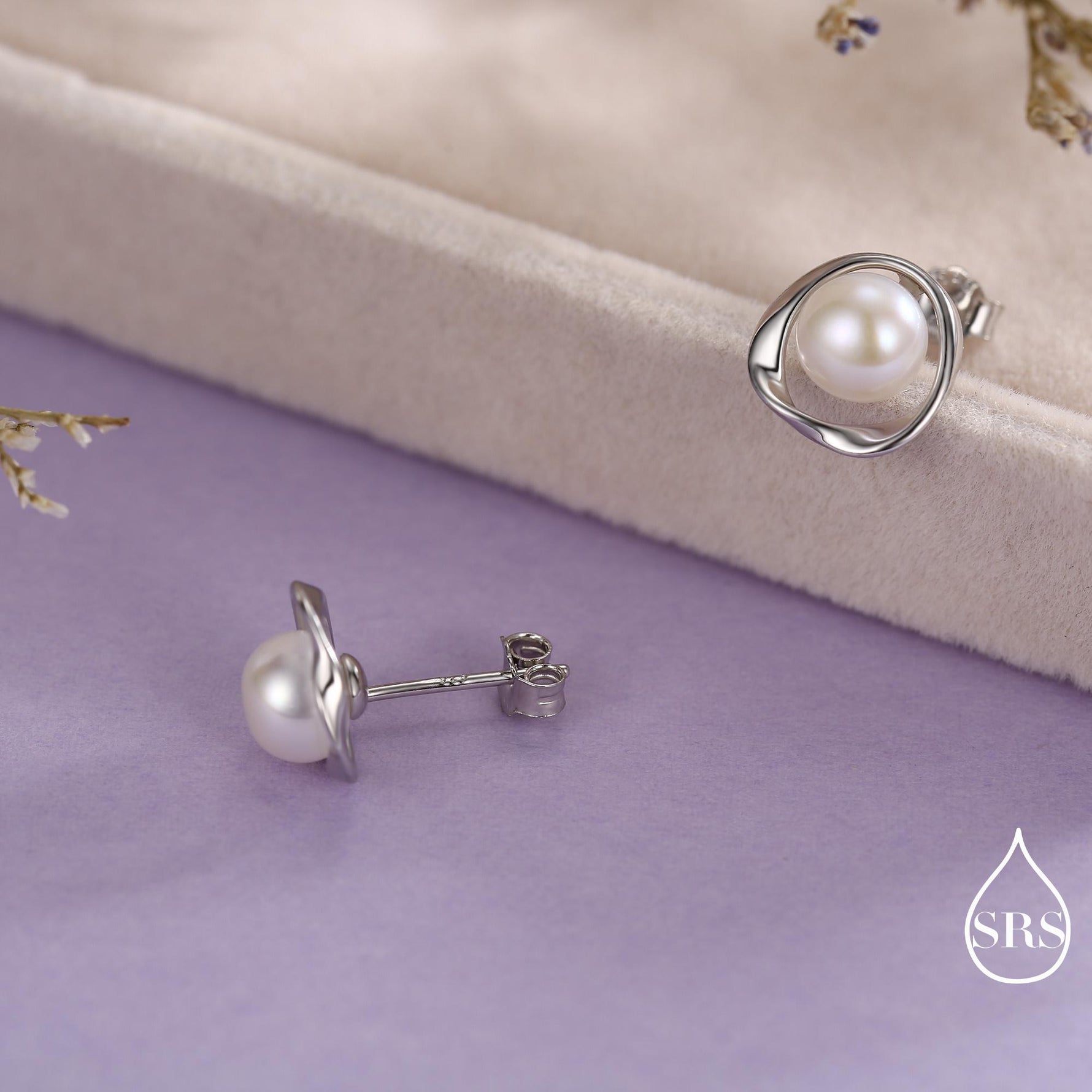 Genuine Freshwater Pearl and Mobius Circle Stud Earrings in Sterling Silver, Delicate Keshi Pearl Halo Earrings, Genuine Freshwater Pearls