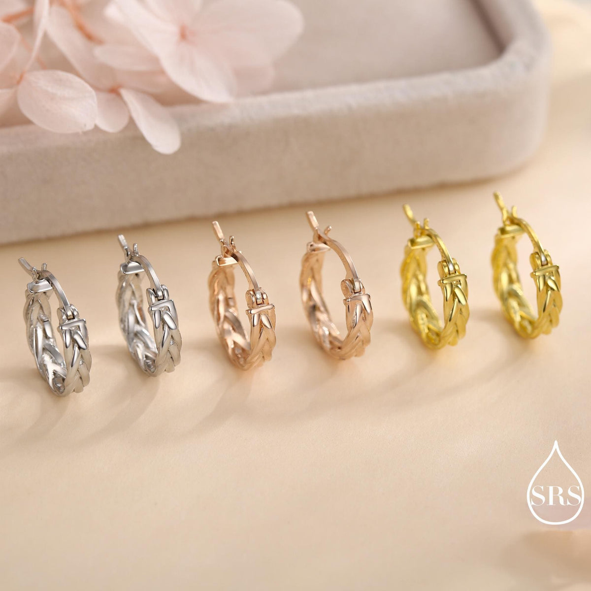Braided Hoop Earrings in Sterling Silver, Silver or Gold or Rose Gold, Twist Hoops, Braid Geometric Hoop Earrings, 10mm Inner Diameter