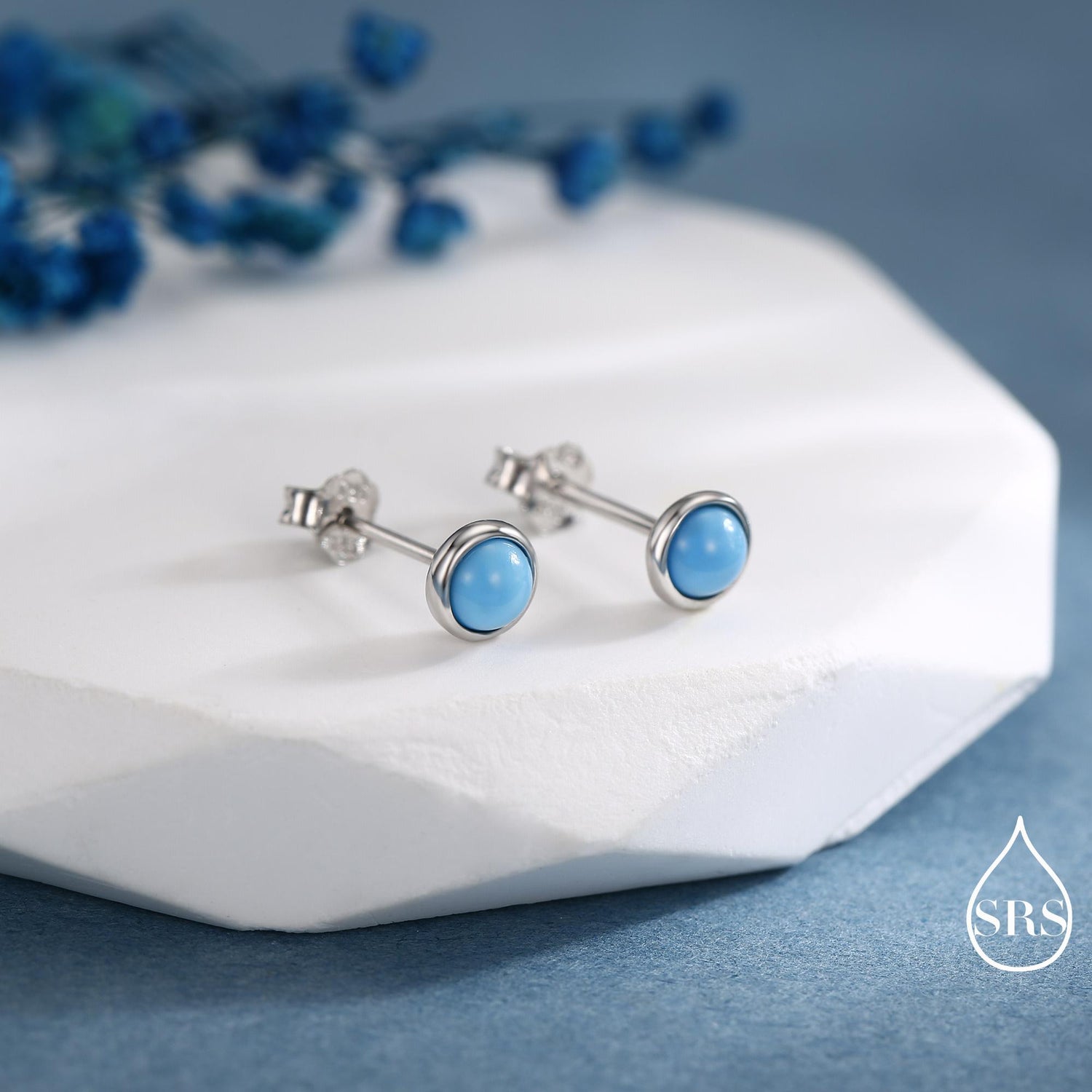 Sterling Silver Turquoise Stud Earrings, 3mm or 4mm, Colour Enhanced Blue Turquoise Gemstone Stud, Bezel, Minimalist December Birthstone
