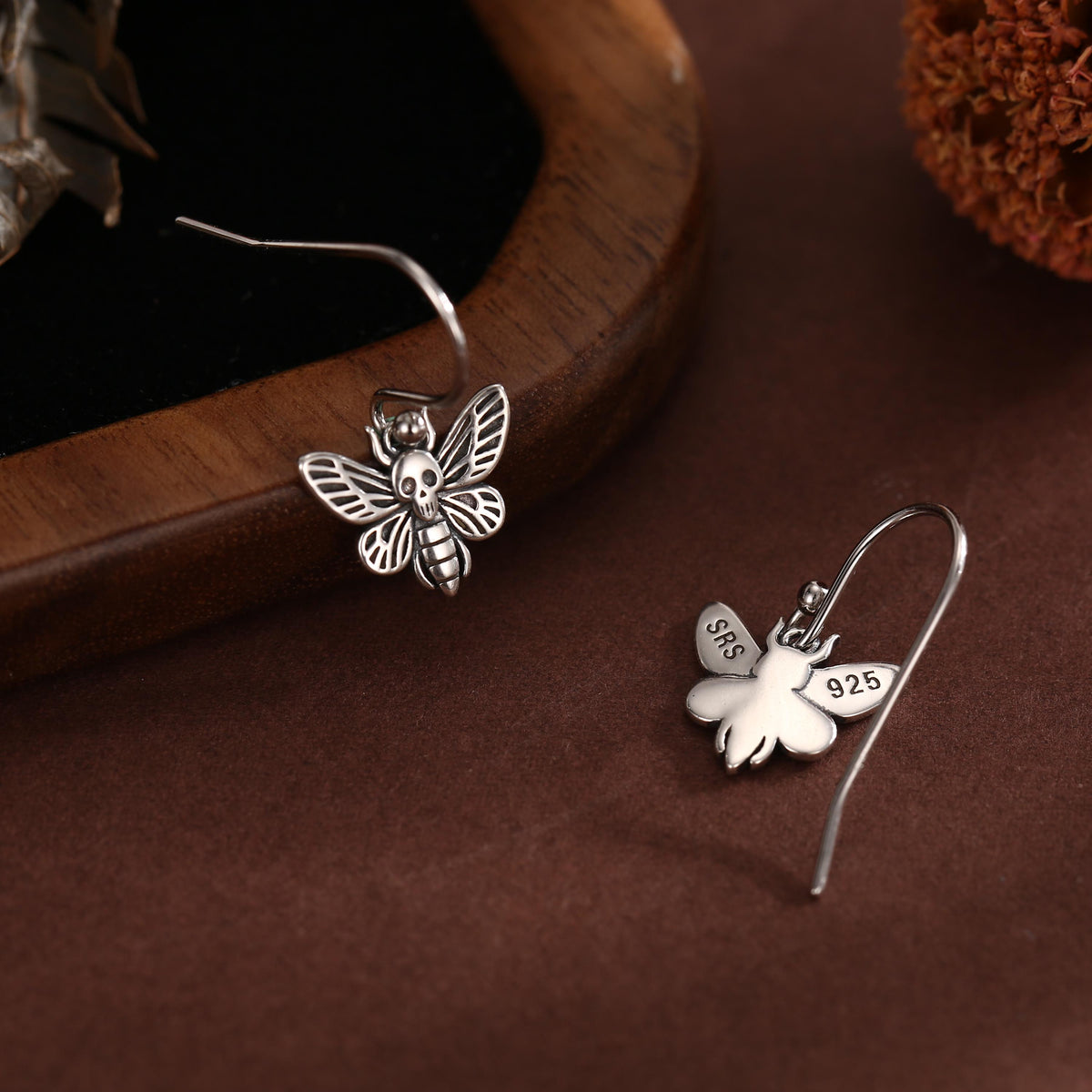 Death's-head Hawkmoth Moth Drop Hook Earrings in Sterling Silver, Silver Gold or Rose Gold, Nature Inspired Insect Animal Earrings