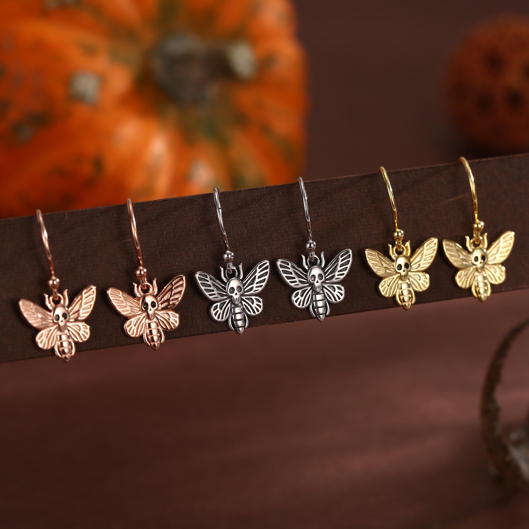Death's-head Hawkmoth Moth Drop Hook Earrings in Sterling Silver, Silver Gold or Rose Gold, Nature Inspired Insect Animal Earrings