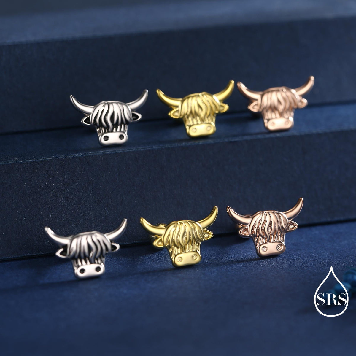 Delicate Highland Cow 18G Screw Back Earrings in Sterling Silver, Animal Earrings