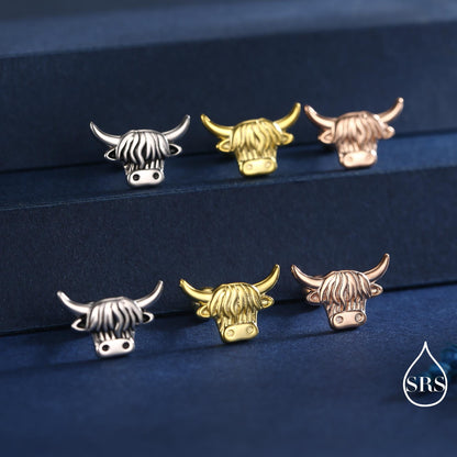 Delicate Highland Cow Internal Flat Back /Screw Back / Stud Earrings in Sterling Silver, Silver or Gold or Rose Gold, Scottish Design