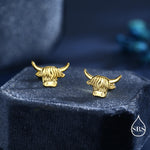 Delicate Highland Cow 18G Screw Back Earrings in Sterling Silver, Animal Earrings