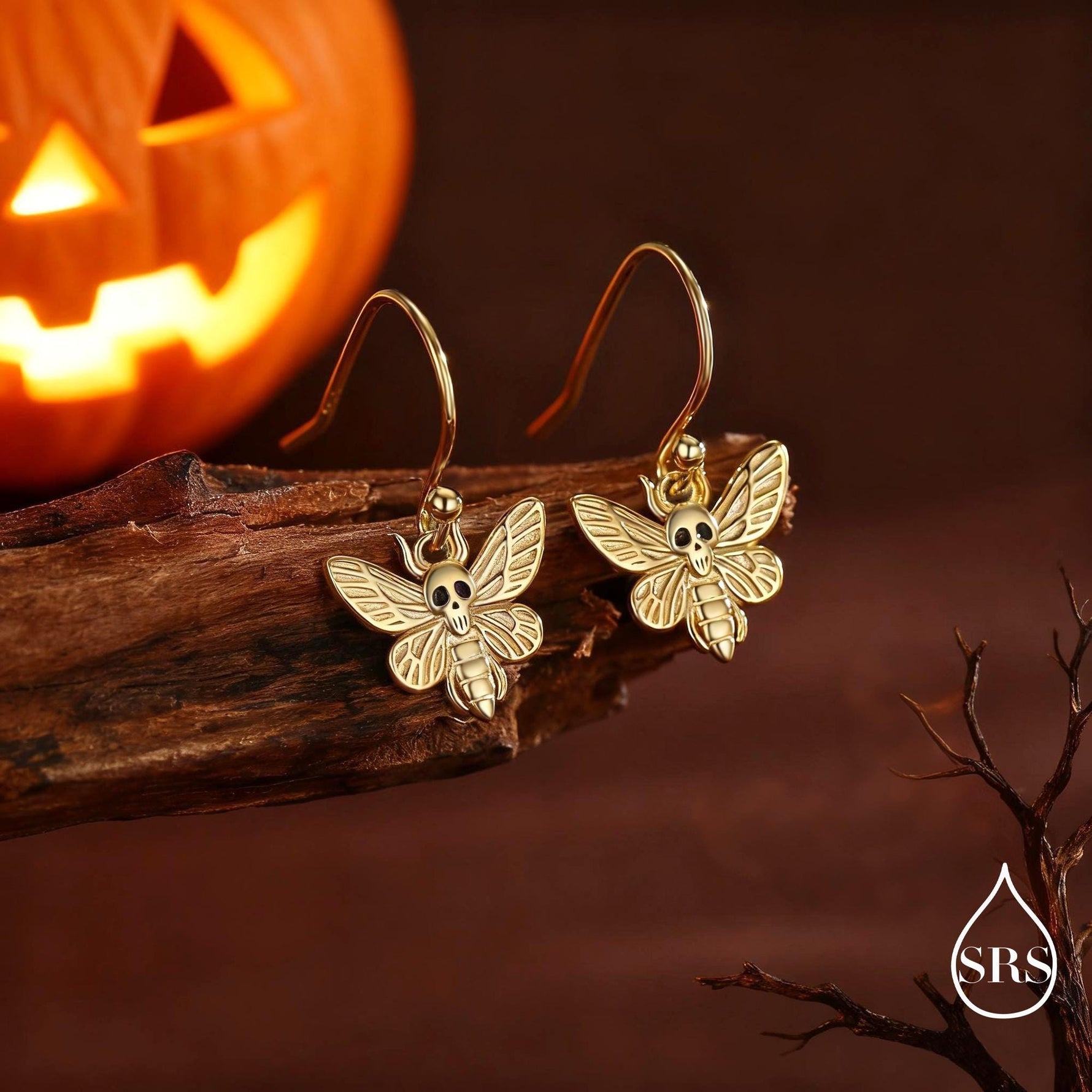 Death's-head Hawkmoth Moth Drop Hook Earrings in Sterling Silver, Silver Gold or Rose Gold, Nature Inspired Insect Animal Earrings