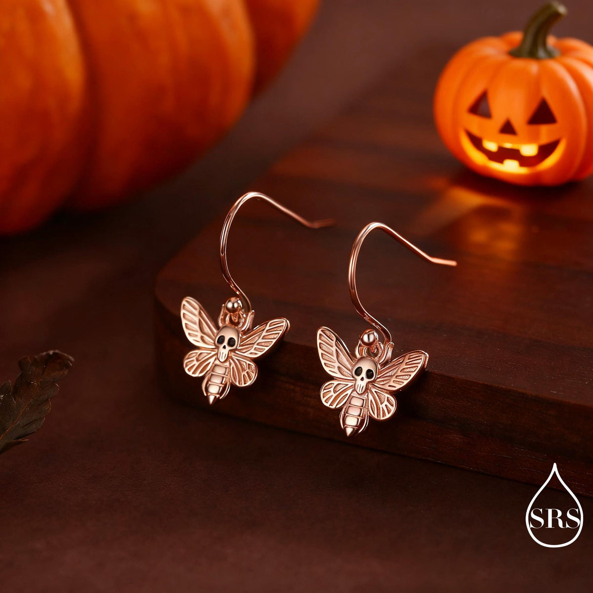 Death's-head Hawkmoth Moth Drop Hook Earrings in Sterling Silver, Silver Gold or Rose Gold, Nature Inspired Insect Animal Earrings