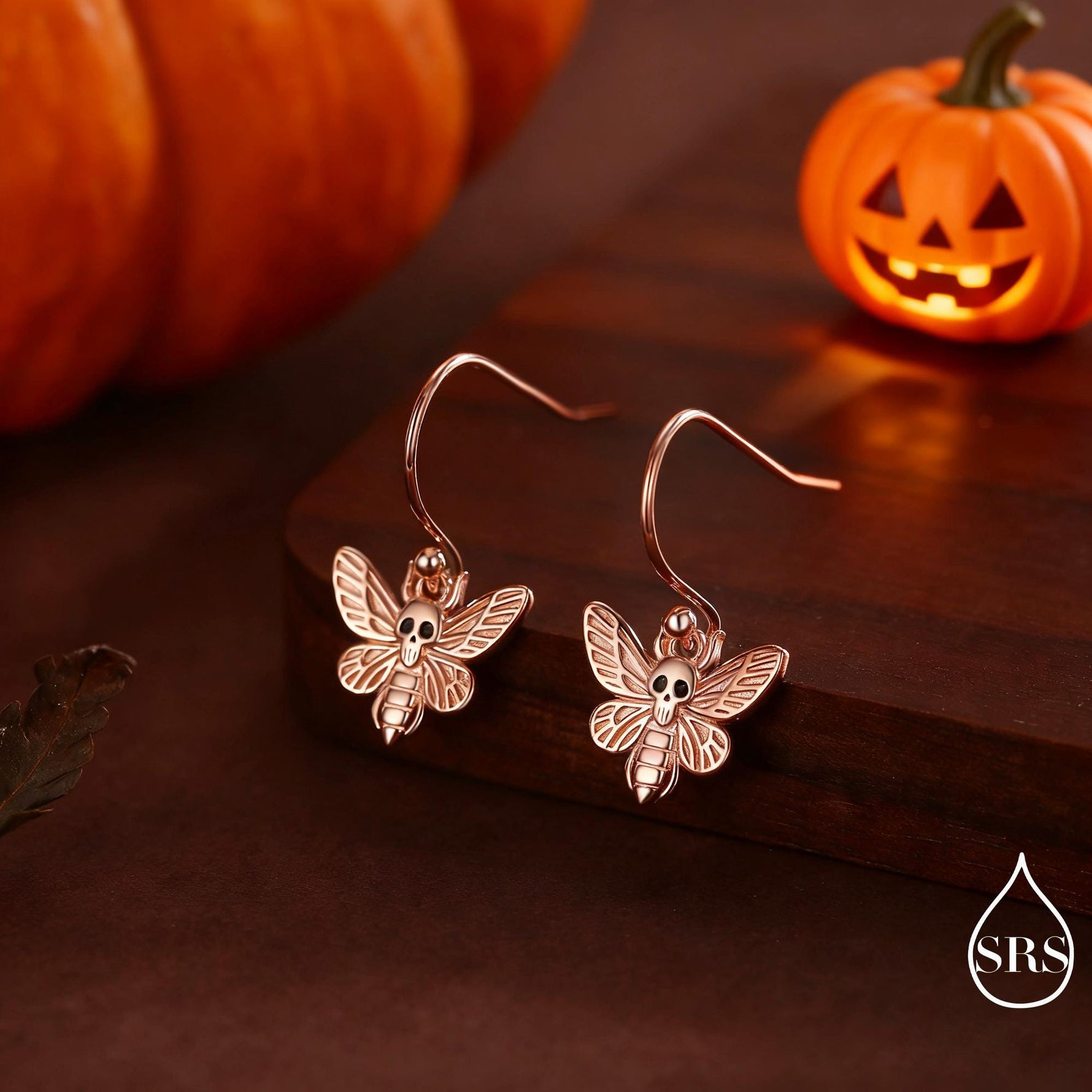 Death's-head Hawkmoth Moth Drop Hook Earrings in Sterling Silver, Silver Gold or Rose Gold, Nature Inspired Insect Animal Earrings