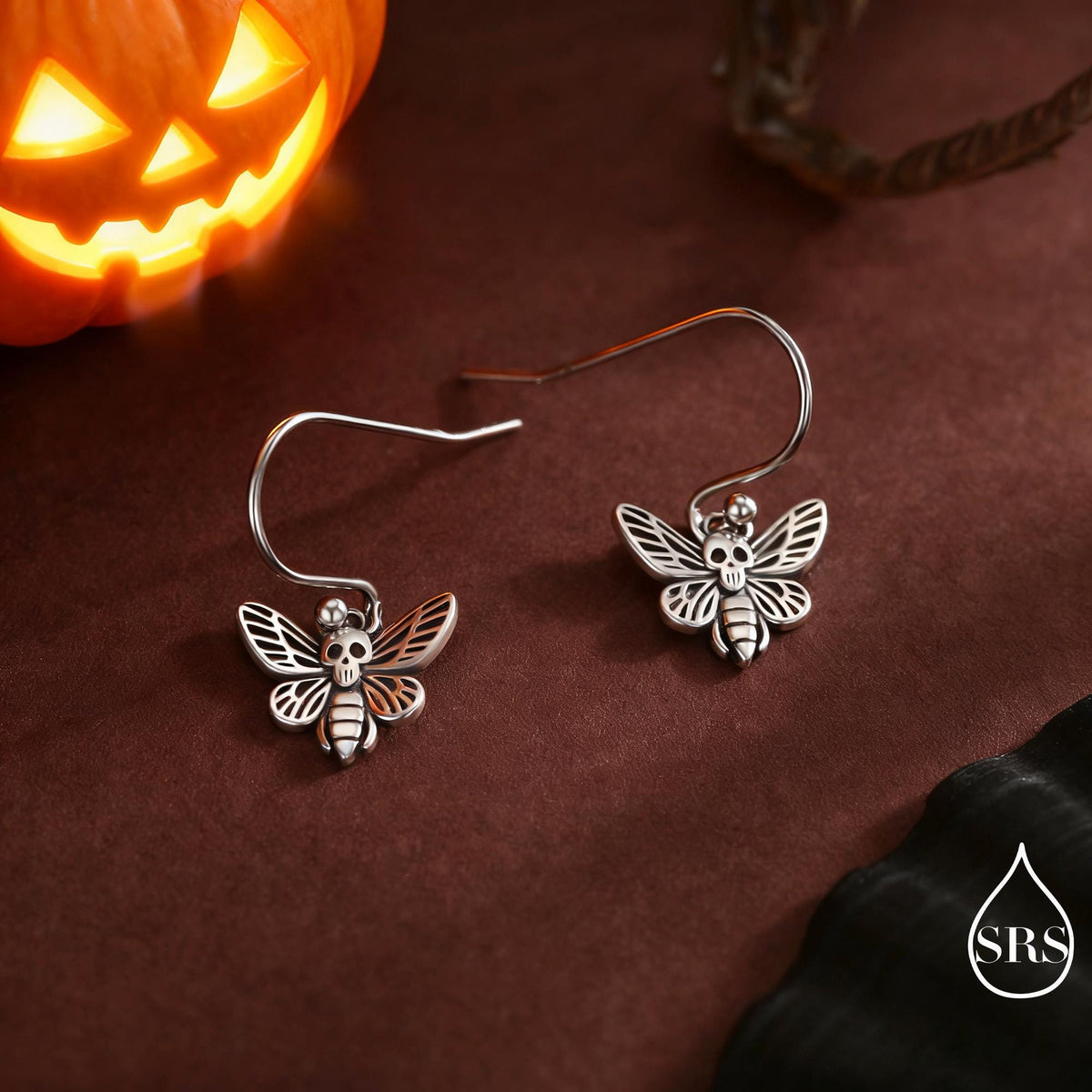 Death's-head Hawkmoth Moth Drop Hook Earrings in Sterling Silver, Silver Gold or Rose Gold, Nature Inspired Insect Animal Earrings