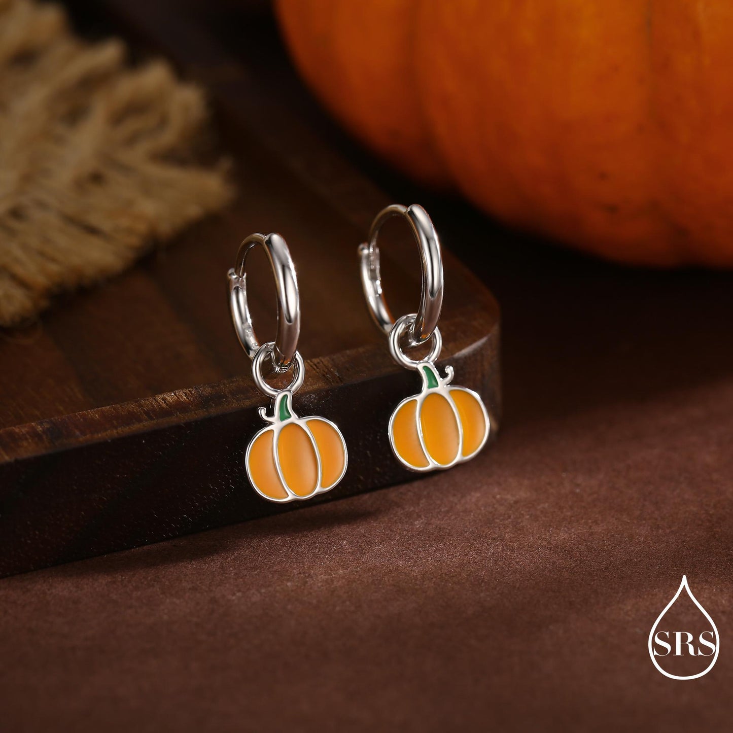 Enamel Pumpkin Huggie Hoops Earrings in Sterling Silver, Silver or Gold or Rose Gold Finish, Pumpkin Earrings, Detachable Charms