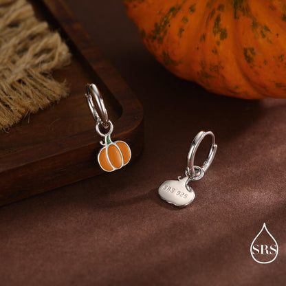 Enamel Pumpkin Huggie Hoops Earrings in Sterling Silver, Silver or Gold or Rose Gold Finish, Pumpkin Earrings, Detachable Charms