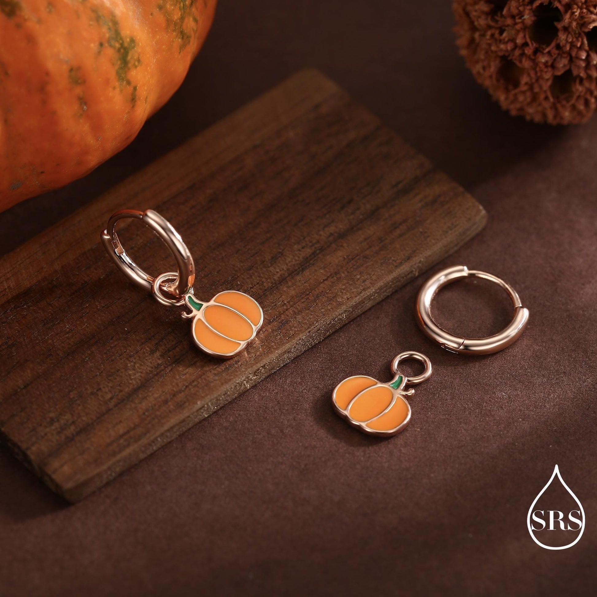 Enamel Pumpkin Huggie Hoops Earrings in Sterling Silver, Silver or Gold or Rose Gold Finish, Pumpkin Earrings, Detachable Charms