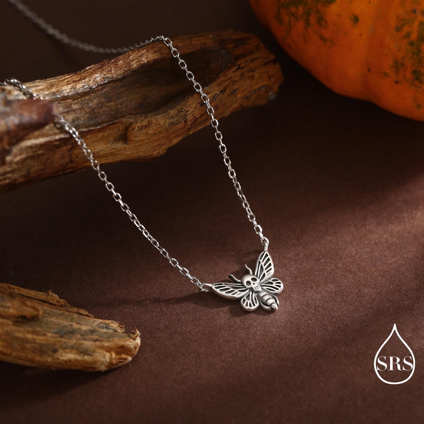 Sterling Silver Death’s-Head Moth Necklace – Gothic Insect Pendant with Skull Detail, Halloween Dark Aesthetic Jewellery by SRS