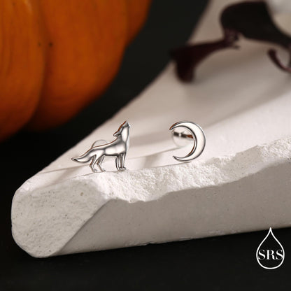 Mismatched Wolf and Moon Internally Threaded Flat Back /Screw Back / Stud Earrings in Sterling Silver, Silver, Gold or Rose Gold