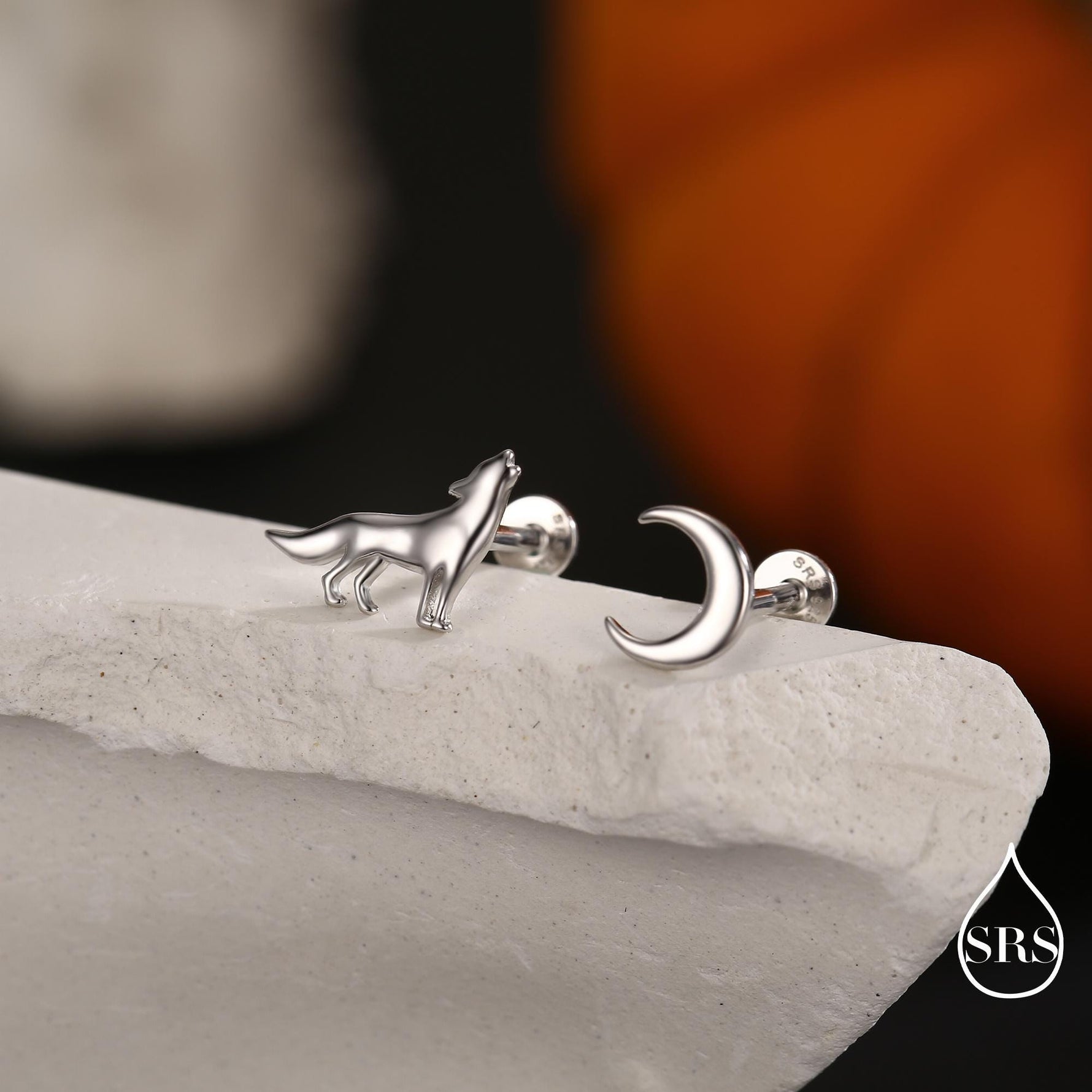 Mismatched Wolf and Moon Internally Threaded Flat Back /Screw Back / Stud Earrings in Sterling Silver, Silver, Gold or Rose Gold