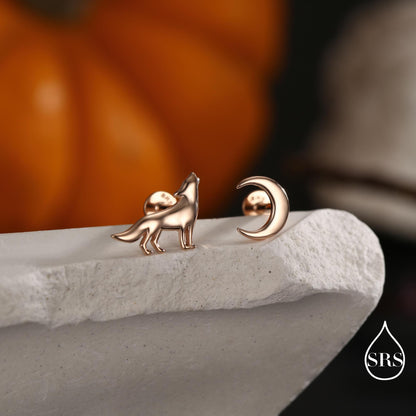 Mismatched Wolf and Moon Screw Back / Flat Back / Stud Earrings in Sterling Silver, Silver, Gold or Rose Gold, Asymmetric Earrings