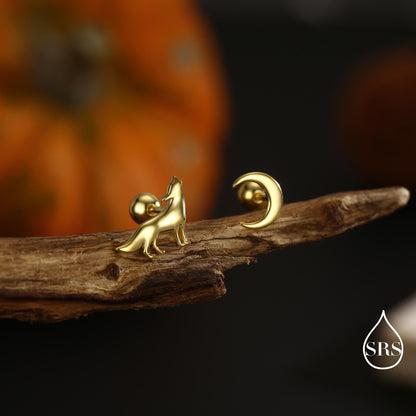 Mismatched Wolf and Moon Screw Back / Flat Back / Stud Earrings in Sterling Silver, Silver, Gold or Rose Gold, Asymmetric Earrings