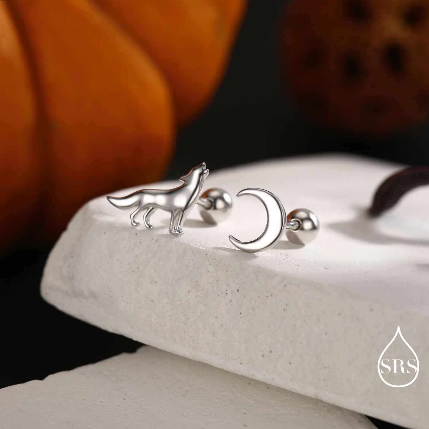 Mismatched Wolf and Moon Internally Threaded Flat Back /Screw Back / Stud Earrings in Sterling Silver, Silver, Gold or Rose Gold