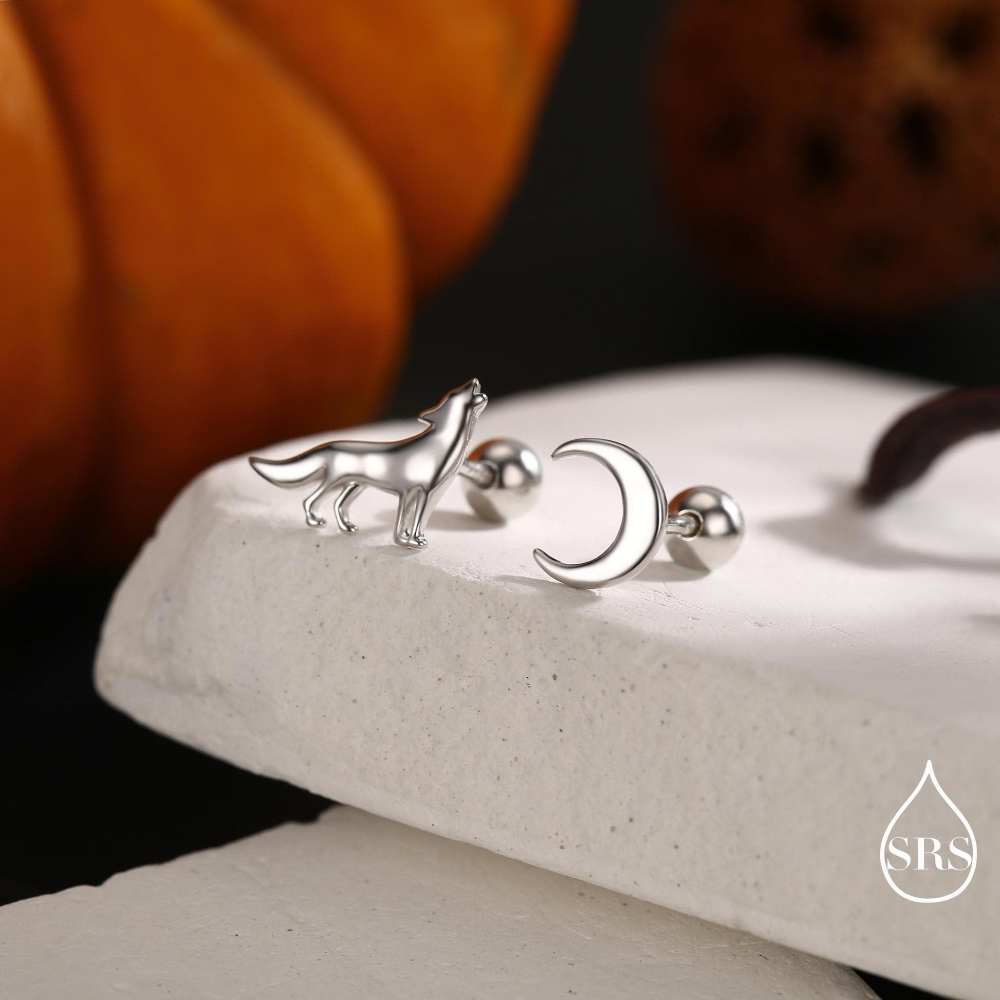 Mismatched Wolf and Moon Internally Threaded Flat Back /Screw Back / Stud Earrings in Sterling Silver, Silver, Gold or Rose Gold