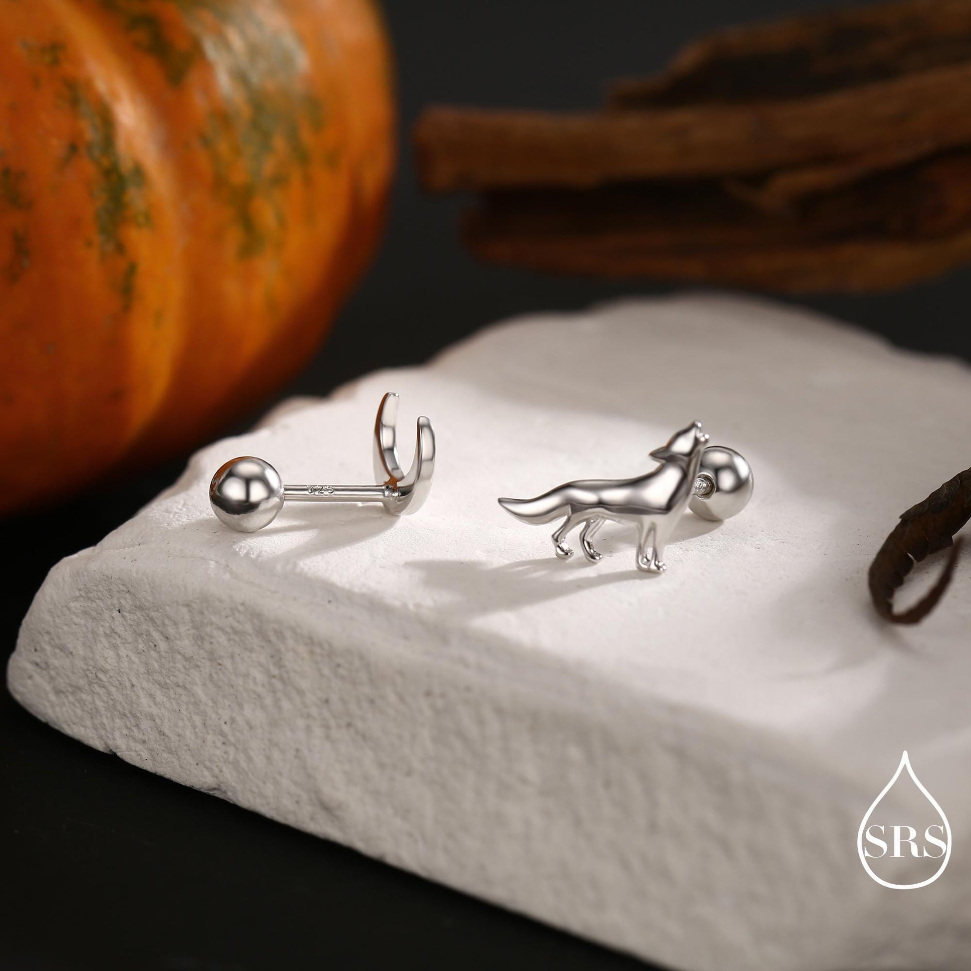 Mismatched Wolf and Moon Internally Threaded Flat Back /Screw Back / Stud Earrings in Sterling Silver, Silver, Gold or Rose Gold