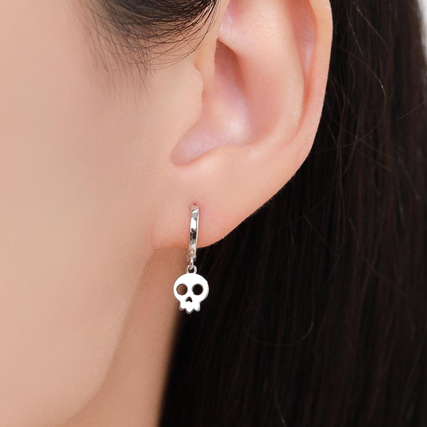 Skull Huggie Hoop Earrings in Sterling Silver, Silver, Gold or Rose Gold Finish, Silver Skull Hoops Earrings, Skull Earrings