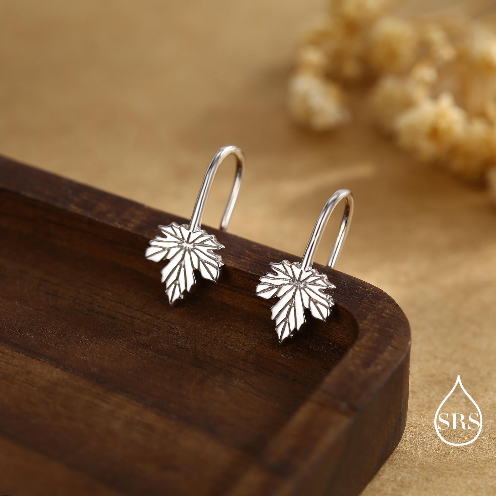 Dainty Maple Leaf Drop Hook Earrings in Sterling Silver, Silver, Gold or Rose Gold, Pretty Maple Earrings, Autumn Earrings