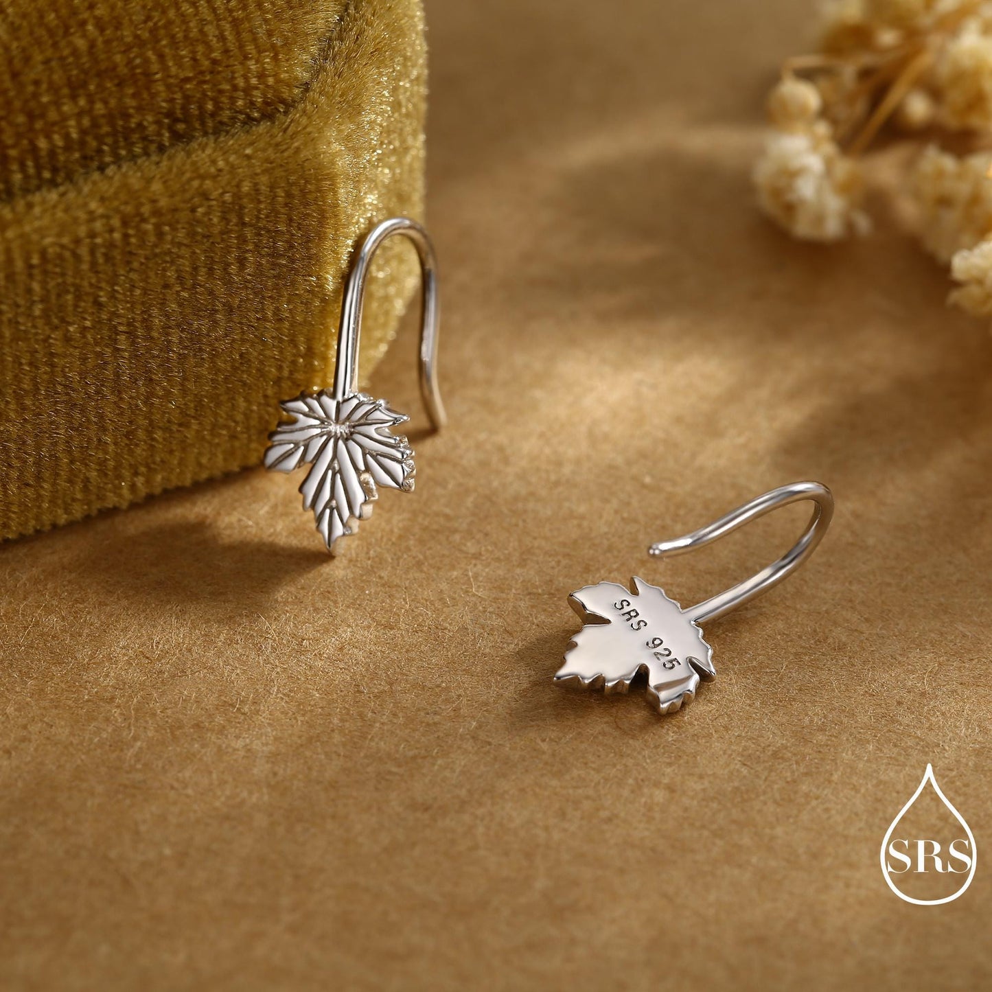 Dainty Maple Leaf Drop Hook Earrings in Sterling Silver, Silver, Gold or Rose Gold, Pretty Maple Earrings, Autumn Earrings