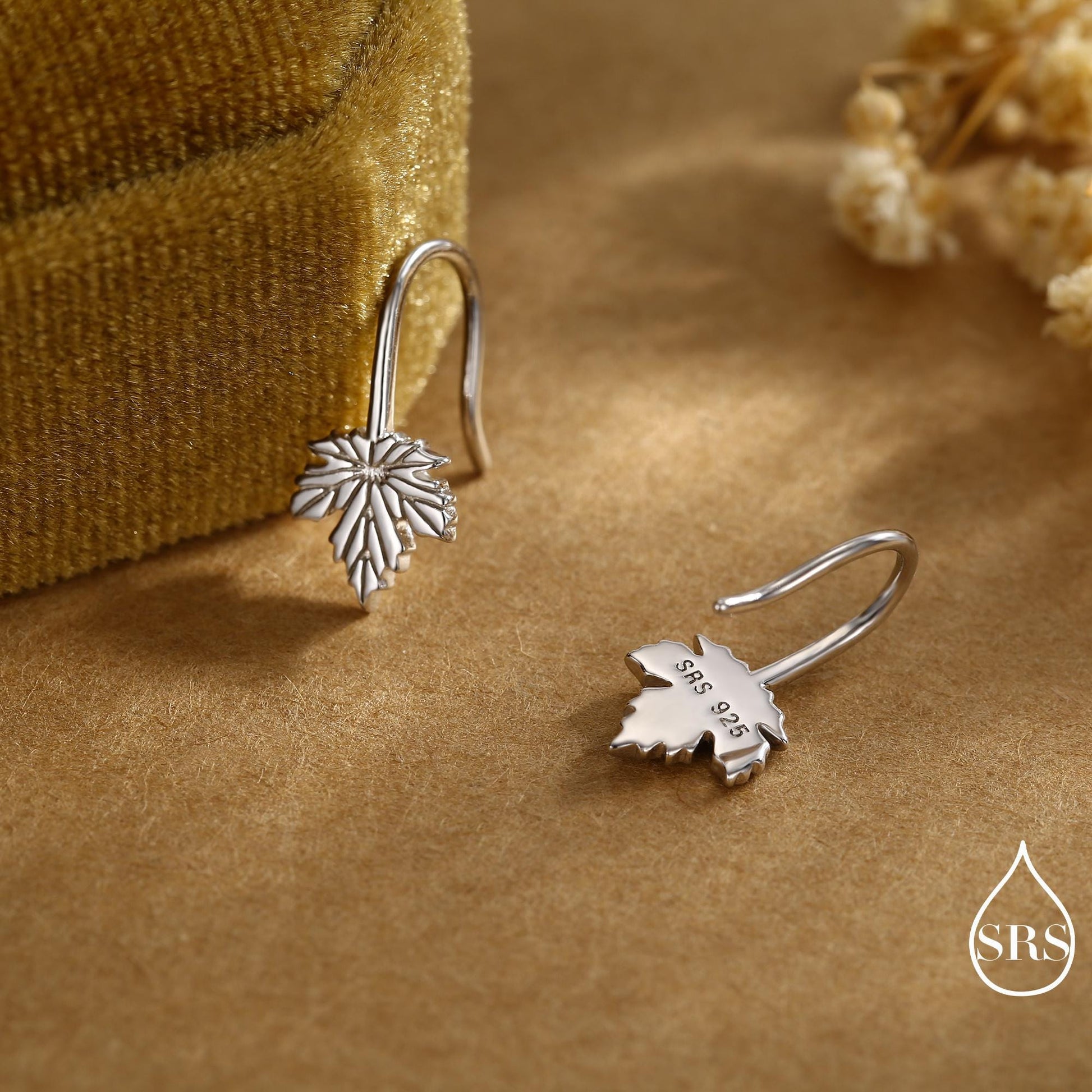 Dainty Maple Leaf Drop Hook Earrings in Sterling Silver, Silver, Gold or Rose Gold, Pretty Maple Earrings, Autumn Earrings
