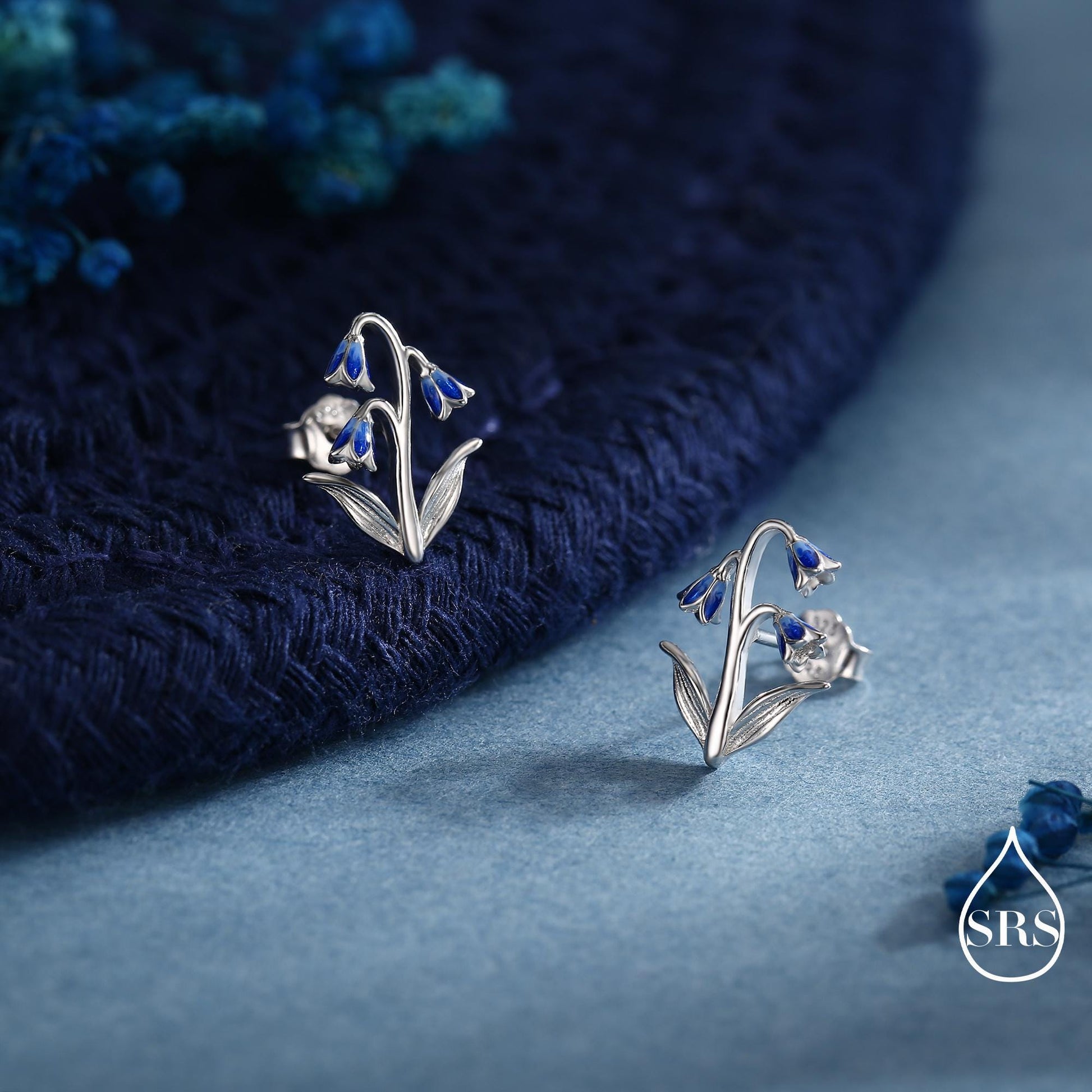 Sterling Silver Delicate Bluebell Flower Stud Earrings with Enamel, Dainty Bluebell Flower Earrings, Snowdrop Earrings, Spring Flowers