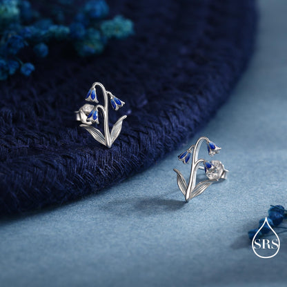 Sterling Silver Delicate Bluebell Flower Stud Earrings with Enamel, Dainty Bluebell Flower Earrings, Snowdrop Earrings, Spring Flowers