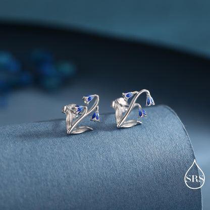 Sterling Silver Delicate Bluebell Flower Stud Earrings with Enamel, Dainty Bluebell Flower Earrings, Snowdrop Earrings, Spring Flowers