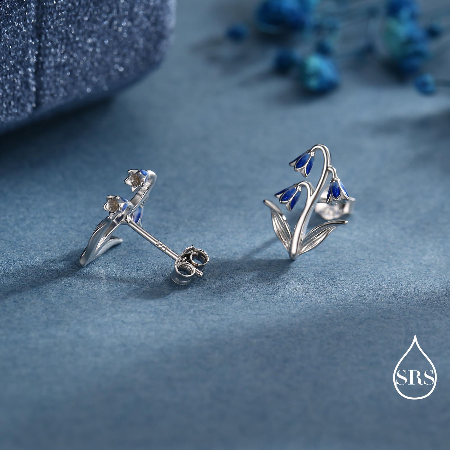 Sterling Silver Delicate Bluebell Flower Stud Earrings with Enamel, Dainty Bluebell Flower Earrings, Snowdrop Earrings, Spring Flowers