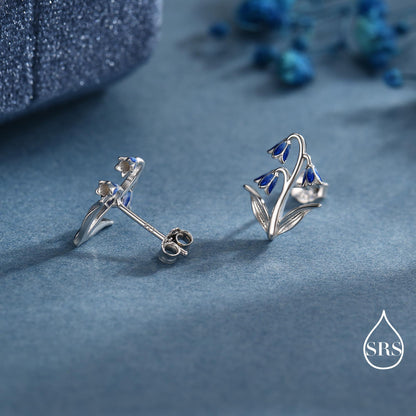 Sterling Silver Delicate Bluebell Flower Stud Earrings with Enamel, Dainty Bluebell Flower Earrings, Snowdrop Earrings, Spring Flowers
