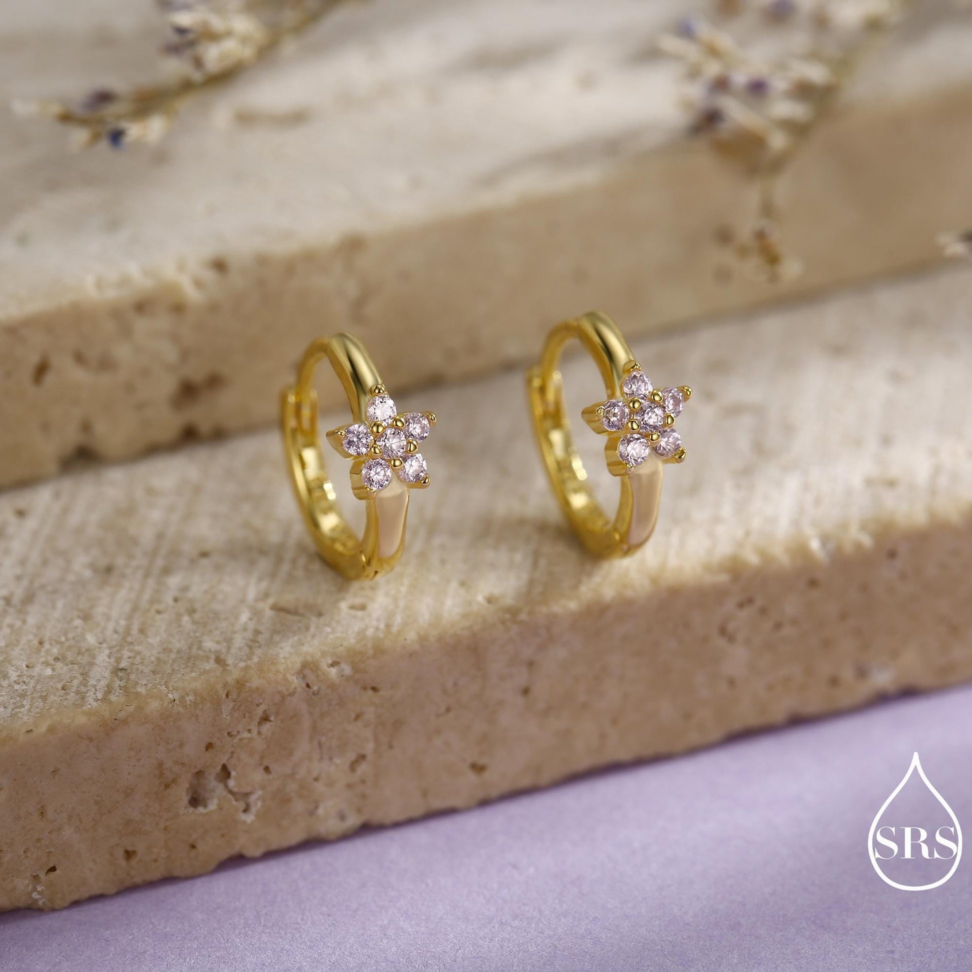 Pale Pink CZ Flower Huggie Hoops, CZ Hoop Earrings, Crystal Flower Huggie Earrings, Pink Hoop Earrings