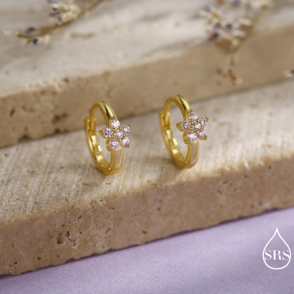 Pale Pink CZ Flower Huggie Hoops, CZ Hoop Earrings, Crystal Flower Huggie Earrings, Pink Hoop Earrings