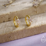 Pale Pink CZ Flower Huggie Hoops, CZ Hoop Earrings, Crystal Flower Huggie Earrings, Pink Hoop Earrings