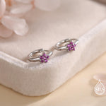 Ruby Pink CZ Flower Huggie Hoops, CZ Hoop Earrings in Sterling Silver, Crystal Flower Huggie Earrings, Pink Hoop Earrings, Ruby Red
