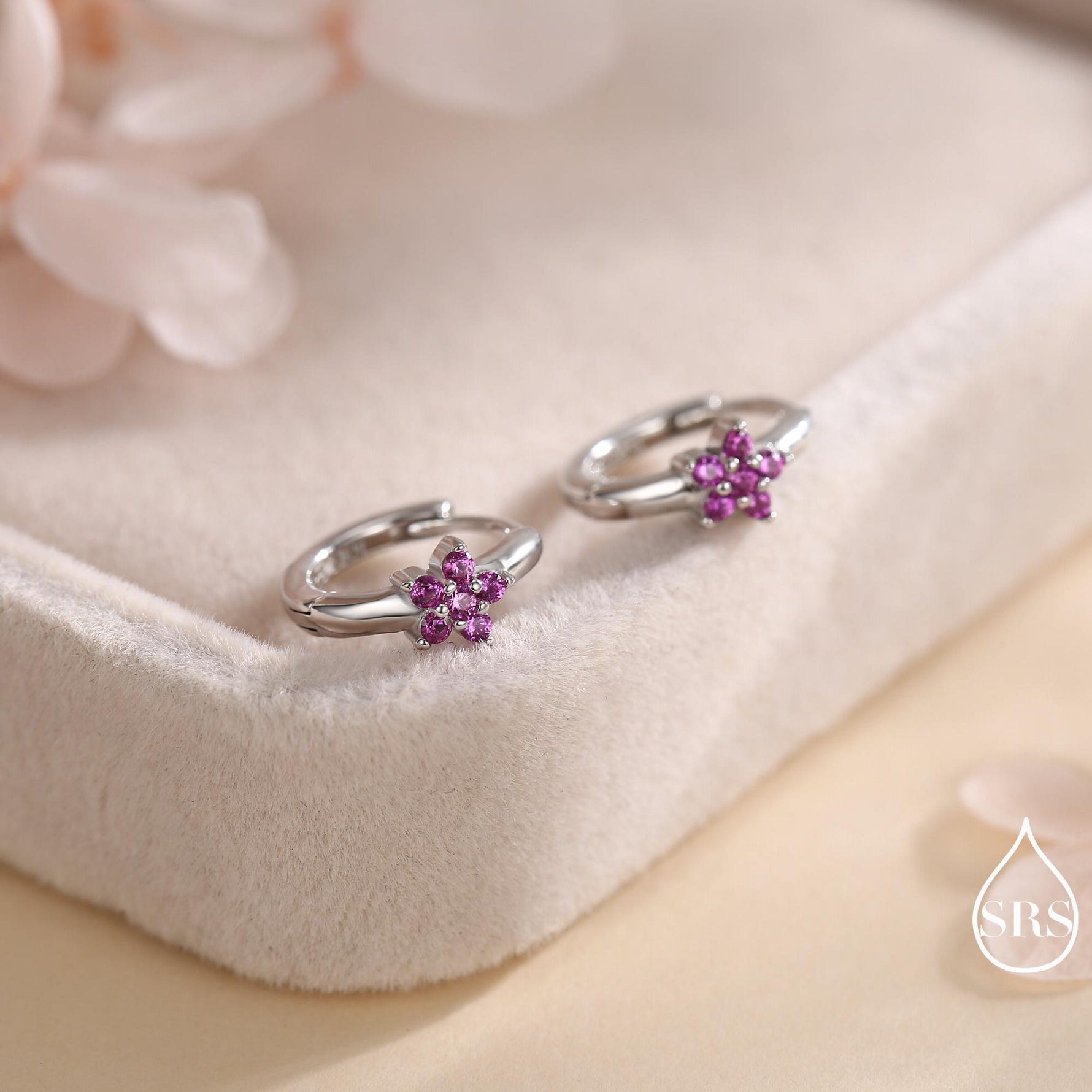 Ruby Pink CZ Flower Huggie Hoops, CZ Hoop Earrings in Sterling Silver, Crystal Flower Huggie Earrings, Pink Hoop Earrings, Ruby Red