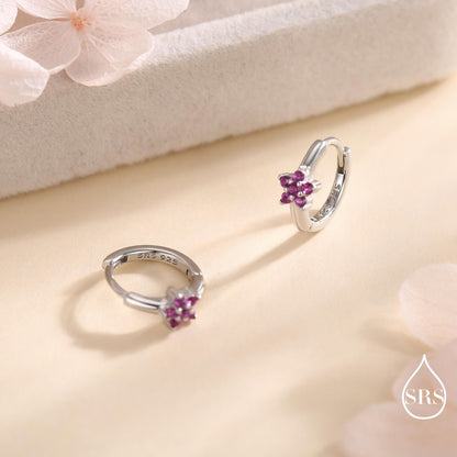 Ruby Pink CZ Flower Huggie Hoops, CZ Hoop Earrings in Sterling Silver, Crystal Flower Huggie Earrings, Pink Hoop Earrings, Ruby Red
