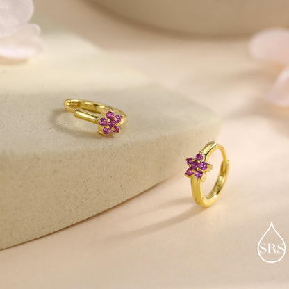Ruby Pink CZ Flower Huggie Hoops, CZ Hoop Earrings in Sterling Silver, Crystal Flower Huggie Earrings, Pink Hoop Earrings, Ruby Red