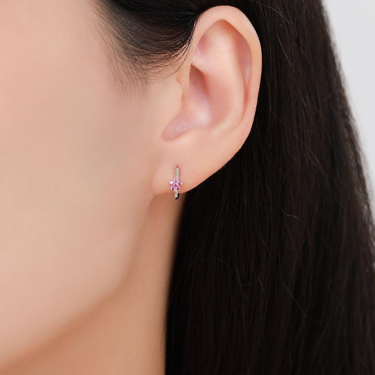 Ruby Pink CZ Flower Huggie Hoops, CZ Hoop Earrings in Sterling Silver, Crystal Flower Huggie Earrings, Pink Hoop Earrings, Ruby Red