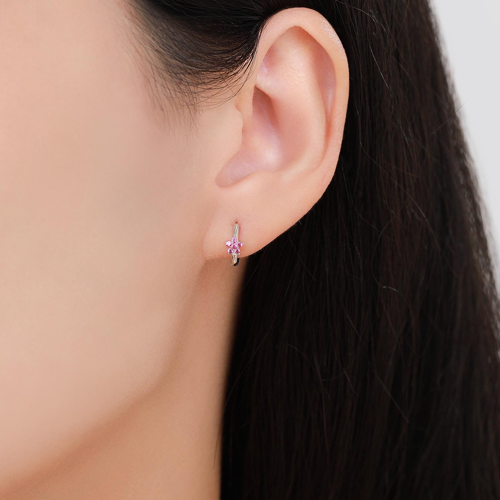 Ruby Pink CZ Flower Huggie Hoops, CZ Hoop Earrings in Sterling Silver, Crystal Flower Huggie Earrings, Pink Hoop Earrings, Ruby Red