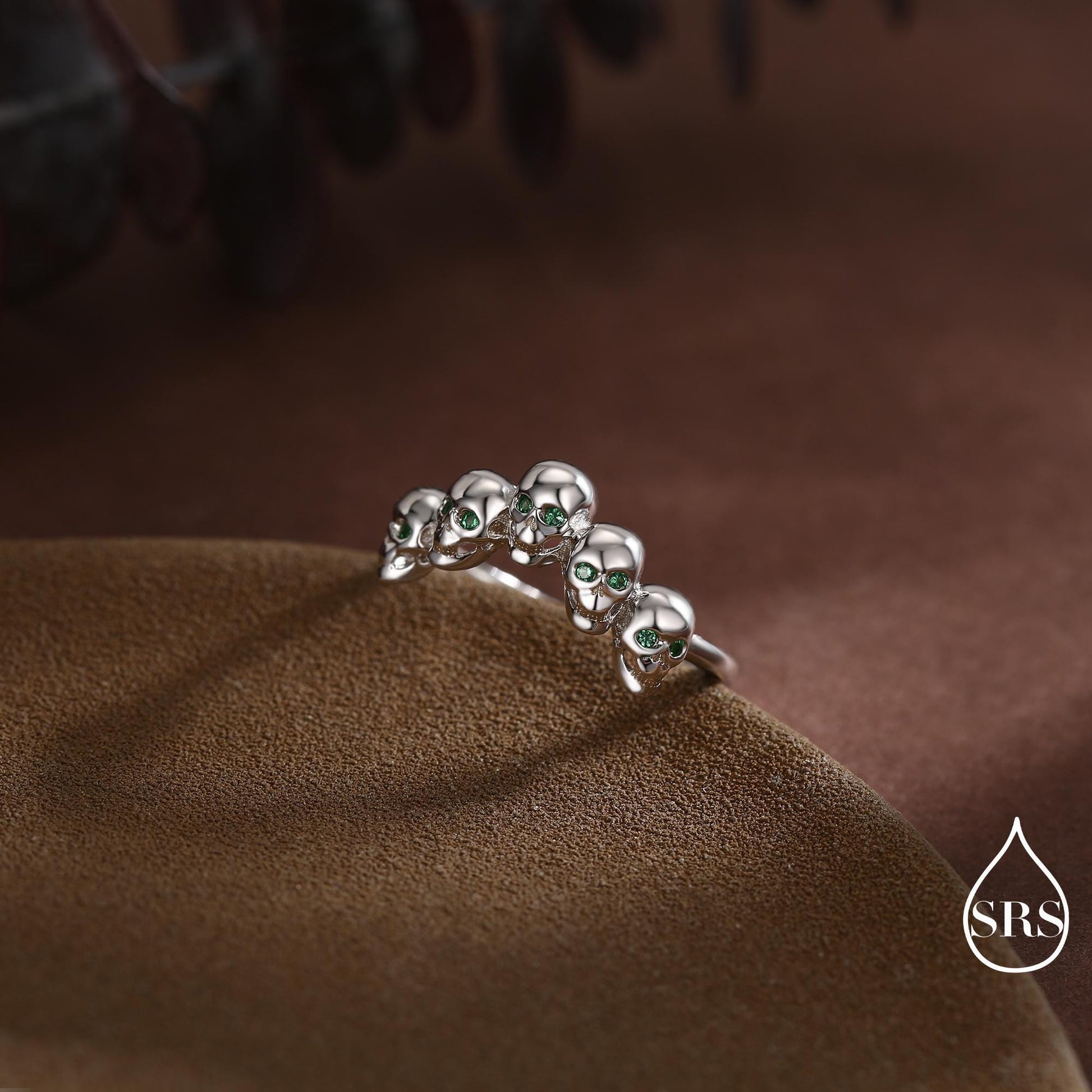 Sterling Silver Skull Motif Ring with Emerald Green CZ, Silver Skull V Shape Ring, Tiny Skull Chevron Adjustable Skeleton Ring