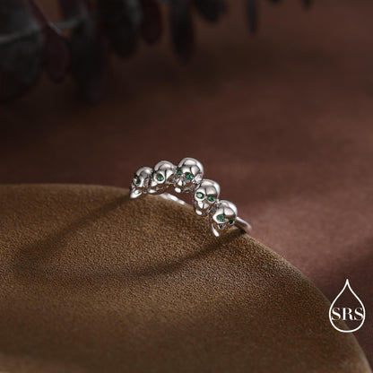 Sterling Silver Skull Motif Ring with Emerald Green CZ, Silver Skull V Shape Ring, Tiny Skull Chevron Adjustable Skeleton Ring