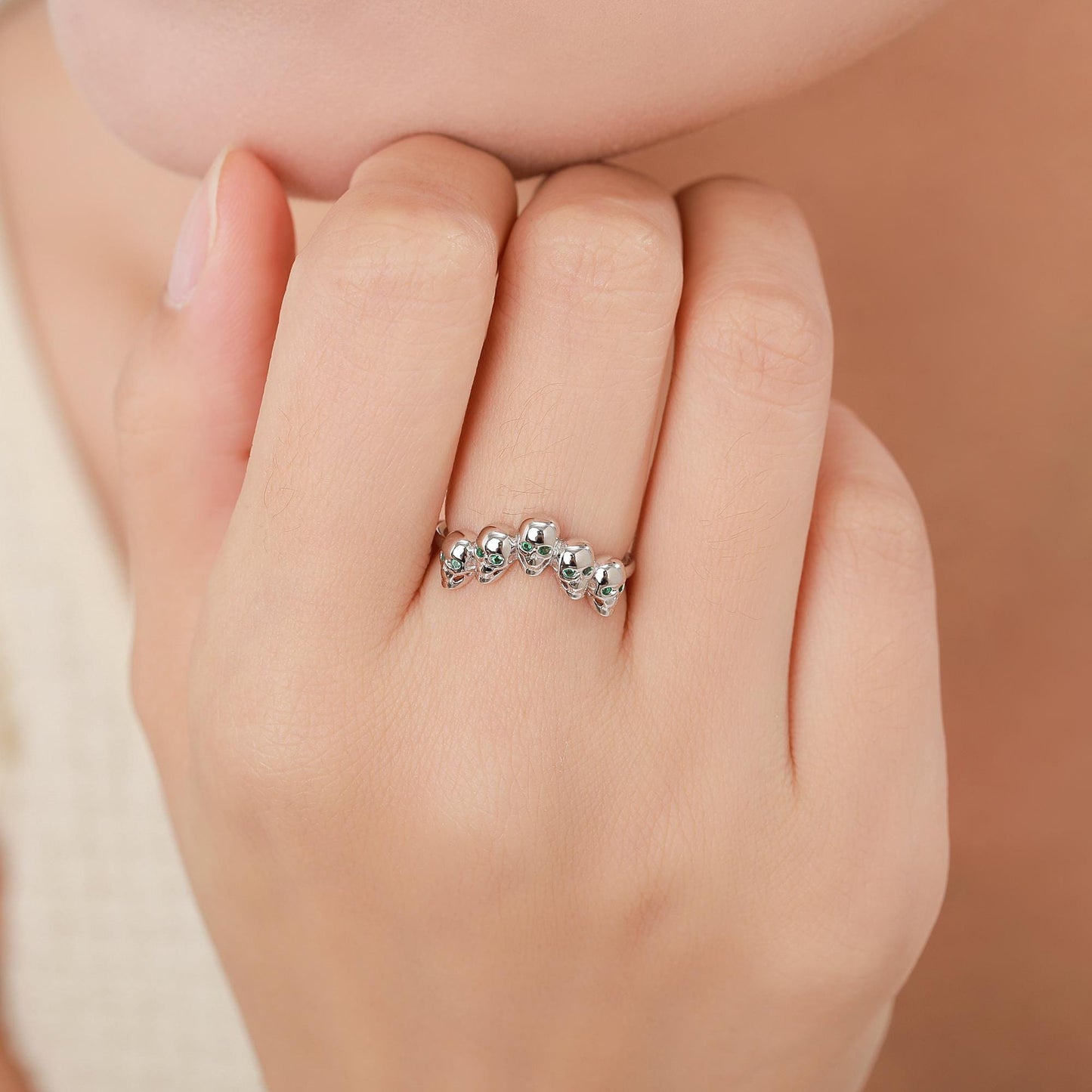 Sterling Silver Skull Motif Ring with Emerald Green CZ, Silver Skull V Shape Ring, Tiny Skull Chevron Adjustable Skeleton Ring